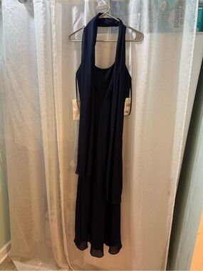 Navy Spaghetti Strap Maxi Dress with Long Scarf Tie - Unbranded
